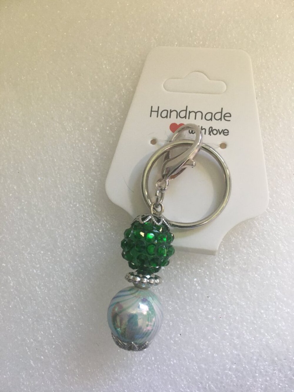 Acrylic Beaded Keychain – Green Marble & Iridescent Charm